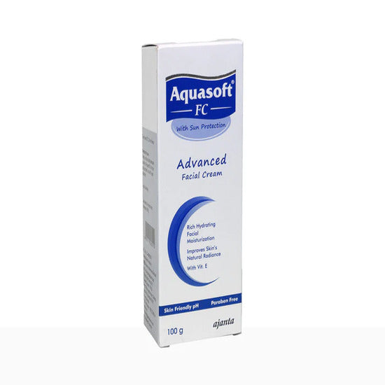Aquasoft FC cream box and tube packaging, lightweight facial moisturizer with vitamin E for daily hydration